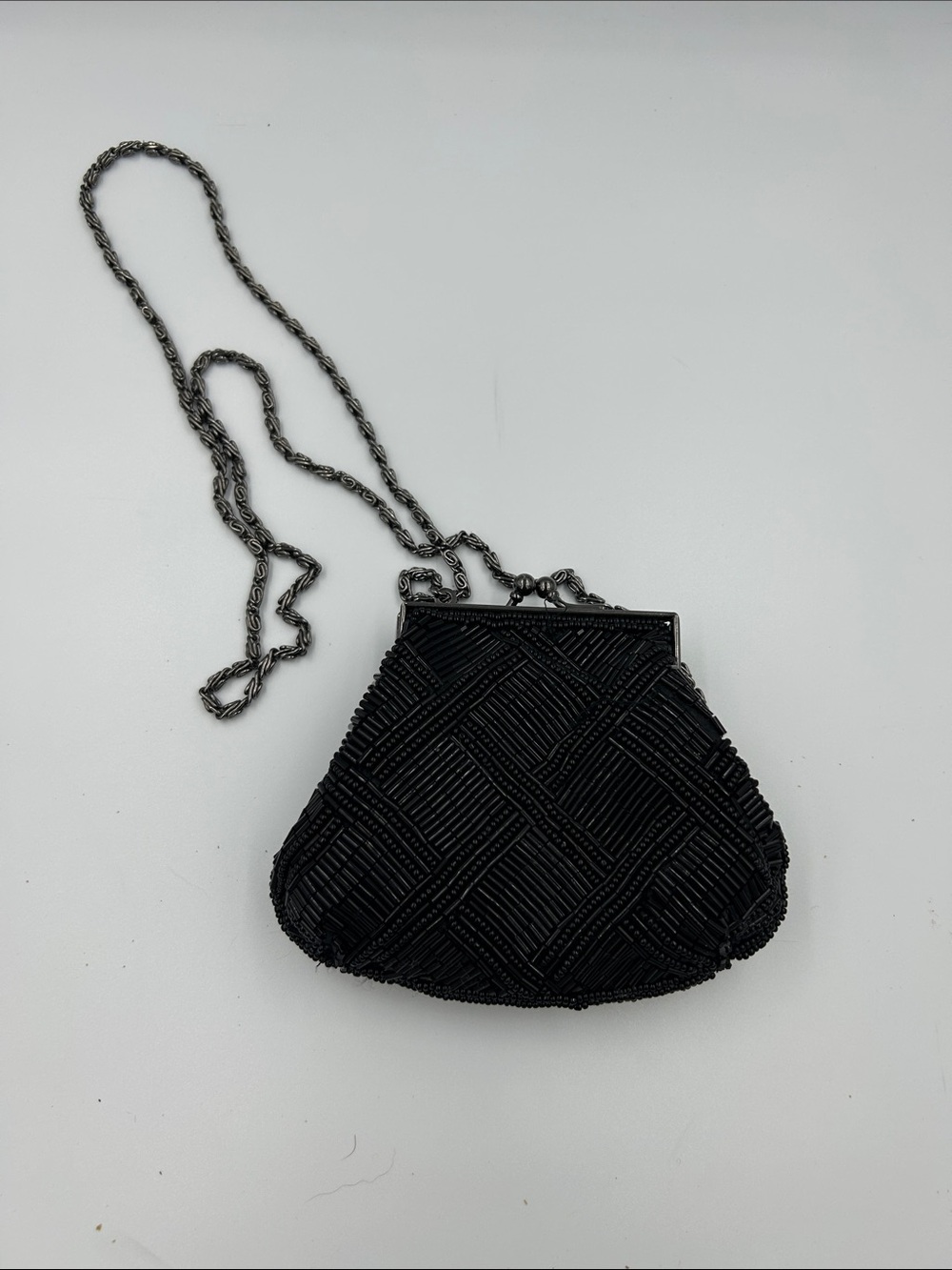 Vintage Caché Black Beaded Mini Evening Bag Kiss Lock Clutch Y2K - Picture 3 of 7
